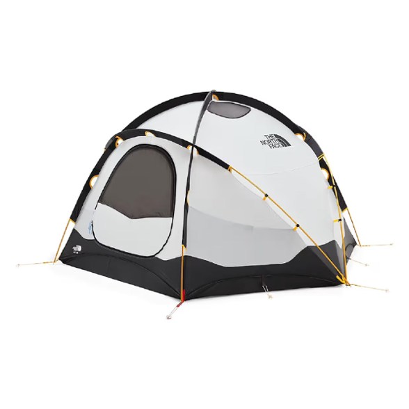 Front view of the North Face VE 25 tent pitched in snowy alpine conditions