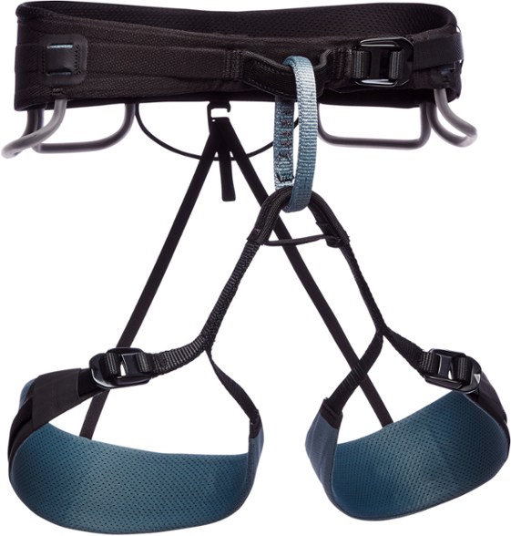 Black Diamond Men's Technician Climbing Harness showing quick-drying waistbelt and gear loops.