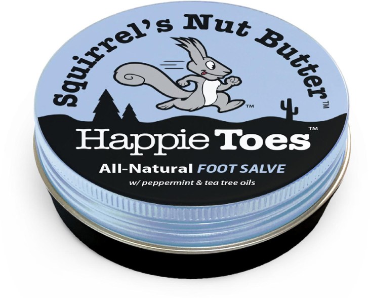 Close-up of Happie Toes natural remedy foot salve with tea tree oil in a 2 oz recyclable tin