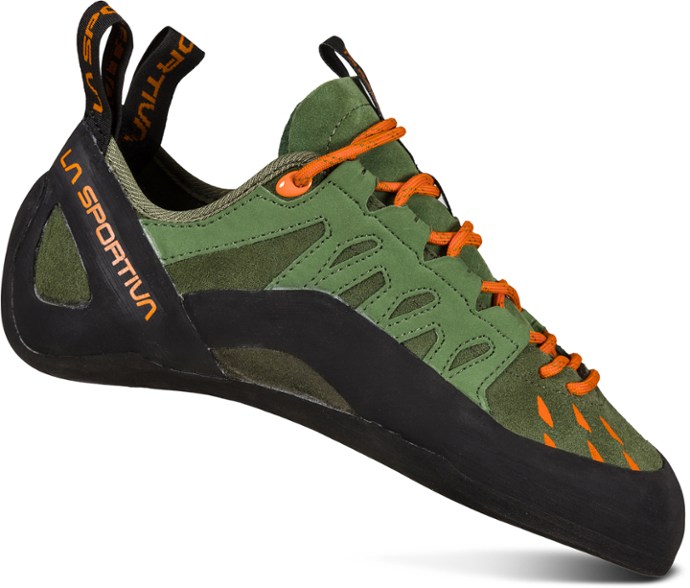 Side view of Tarantulace climbing shoes showing the unlined leather upper and quick-pull lacing system.