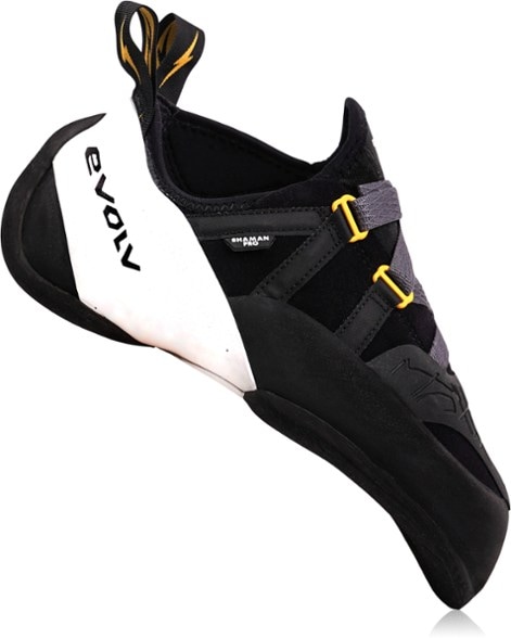 Evolv Shaman Pro Men's Climbing Shoes in action on a steep rock face.