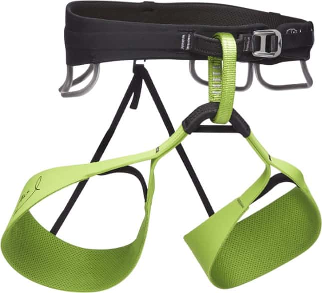 Black Diamond harness side view showcasing padded waist and leg loops in unique Honnold Edition colors