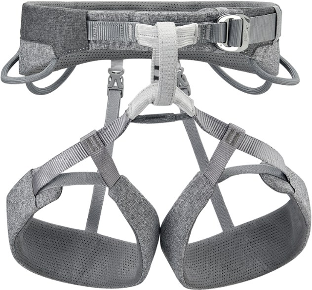 Petzl Sama climbing harness with a focus on the padded waistbelt and leg loops.
